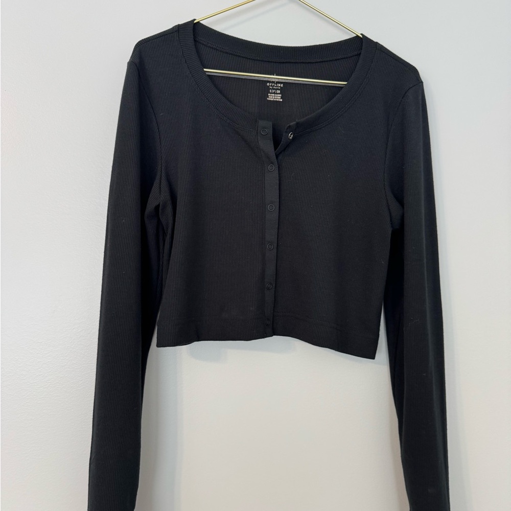 Aerie Black Button Down Crop Top